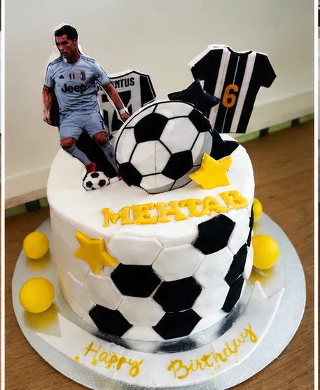 A custom soccer-themed birthday cake
