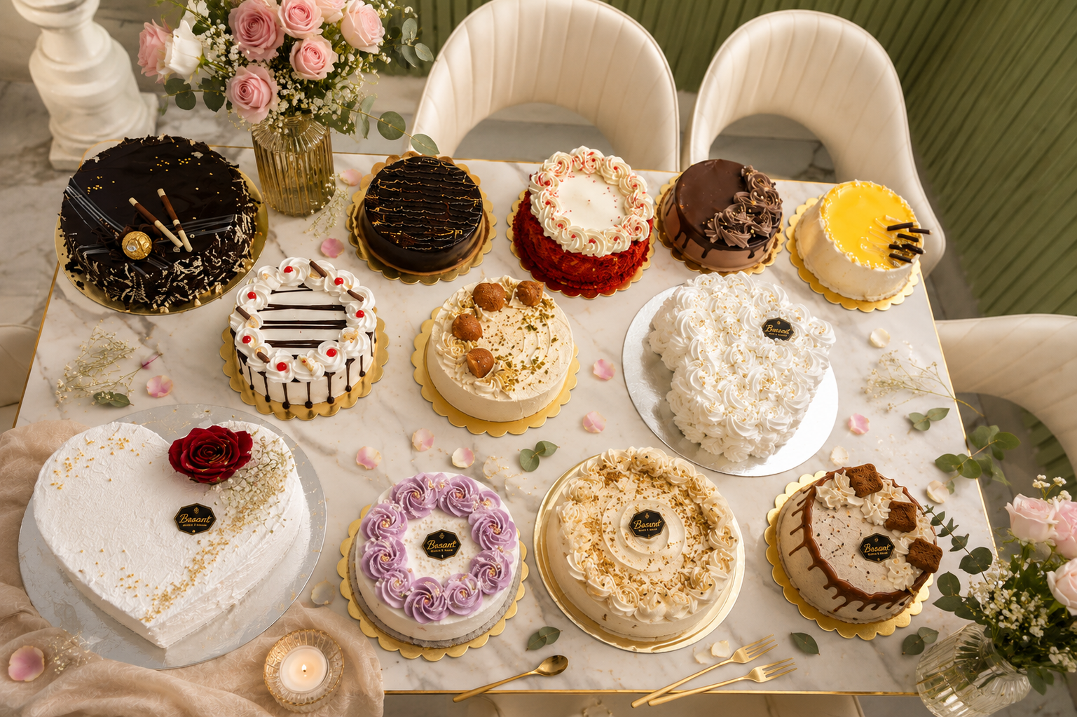 A luxurious table spread of Basant's signature cakes, decorated with roses and gold accents