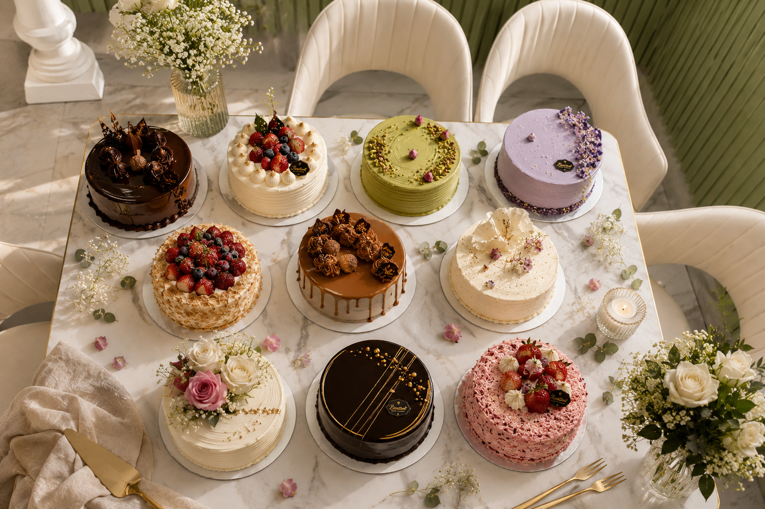 An assortment of Basant's celebration cakes decorated with fresh fruit and flowers